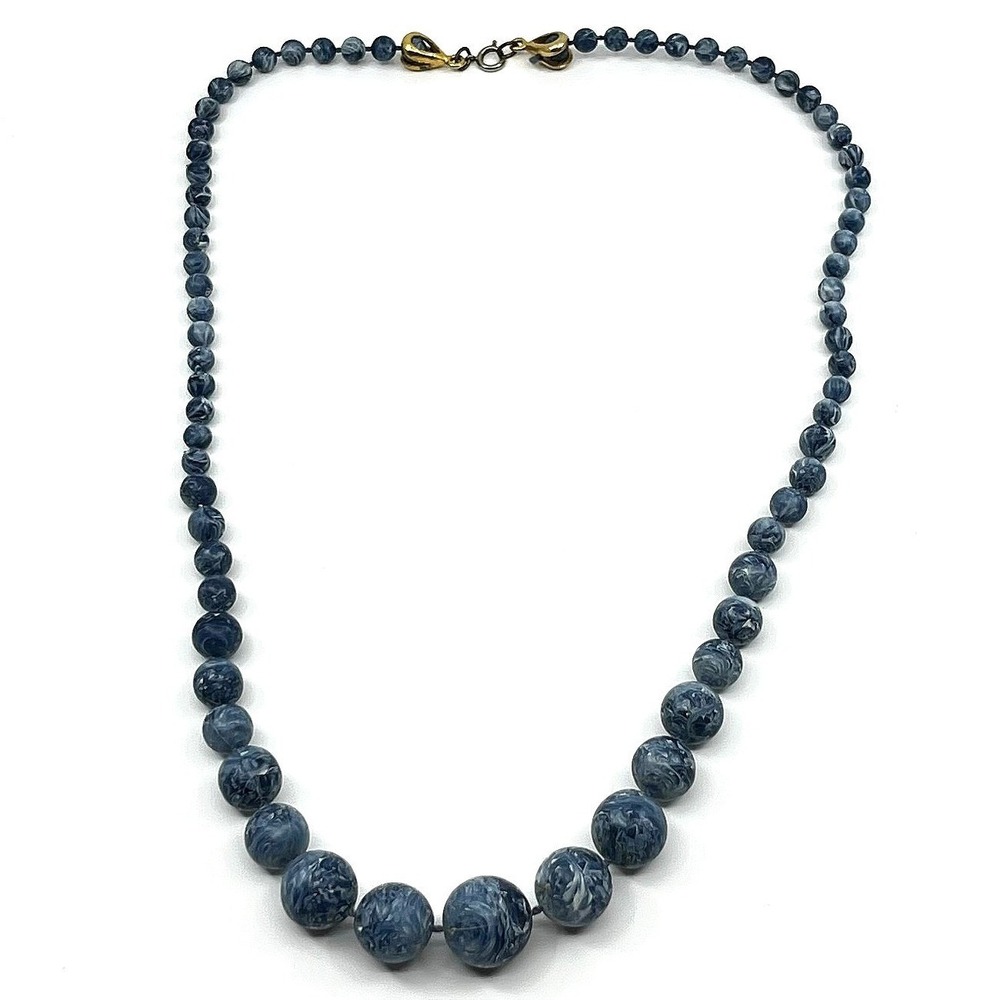 Vintage Silver Tone Blue Marbled Graduated Bead Necklace Retro Swirl Statement